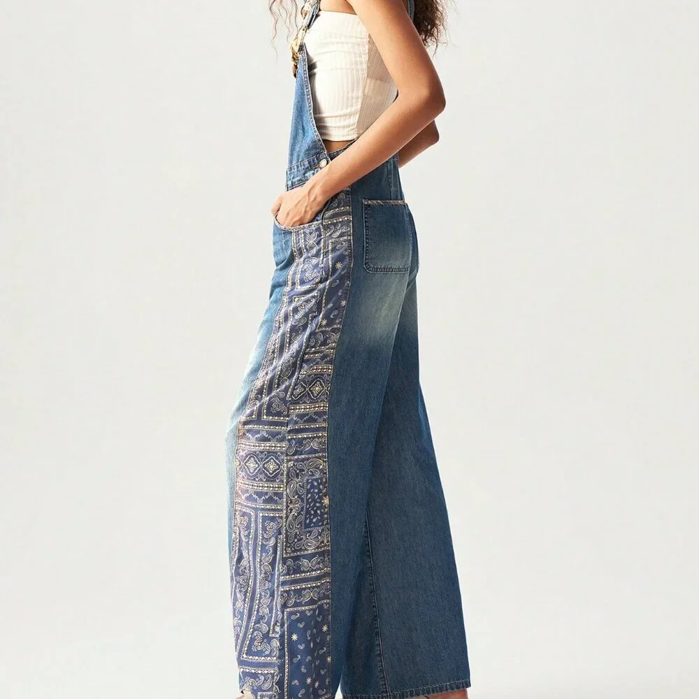 Medium Wash Casual Women's Woven Patchwork Wide-Leg Bib jumpsuit overall Pants - Picture 5 of 9